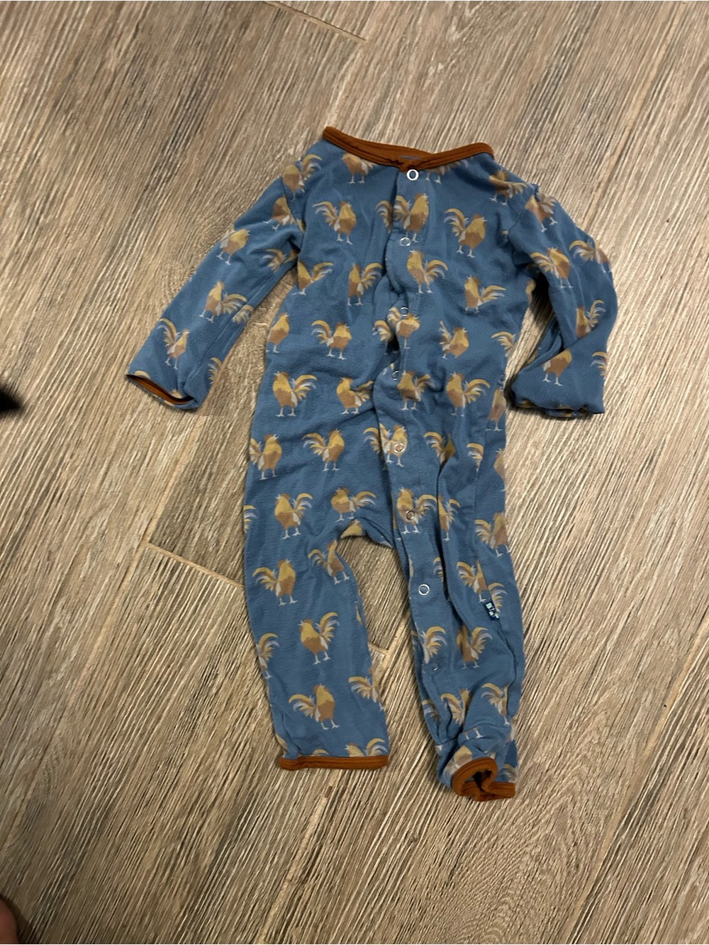 Kickee Pants Blue Rooster-Print One-Piece with Brown Trim
